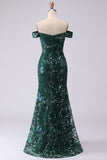 Sparkly Mermaid Dark Green Off the Shoulder Sequins Long Prom Dress