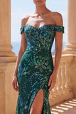 Sparkly Mermaid Dark Green Off the Shoulder Sequins Long Prom Dress