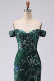 Sparkly Mermaid Dark Green Off the Shoulder Sequins Long Prom Dress