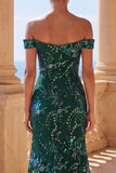 Sparkly Mermaid Dark Green Off the Shoulder Sequins Long Prom Dress