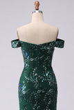 Sparkly Mermaid Dark Green Off the Shoulder Sequins Long Prom Dress