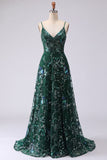 Sparkly A-Line Dark Green Spaghetti Straps Sequins Long Prom Dress