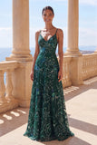Sparkly A-Line Dark Green Spaghetti Straps Sequins Long Prom Dress