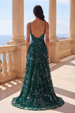 Sparkly A-Line Dark Green Spaghetti Straps Sequins Long Prom Dress