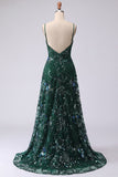 Sparkly A-Line Dark Green Spaghetti Straps Sequins Long Prom Dress