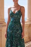 Sparkly A-Line Dark Green Spaghetti Straps Sequins Long Prom Dress