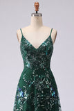 Sparkly A-Line Dark Green Spaghetti Straps Sequins Long Prom Dress