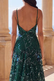 Sparkly A-Line Dark Green Spaghetti Straps Sequins Long Prom Dress