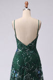 Sparkly A-Line Dark Green Spaghetti Straps Sequins Long Prom Dress