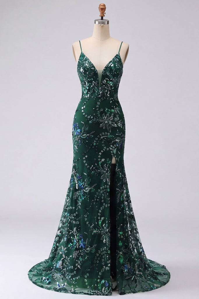 Zapaka Women Mermaid Dark Green Prom Dress with Slit Sparkly Spaghetti