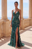 Sparkly Dark Green Mermaid Spaghetti Straps Sequins Long Prom Dress with Slit