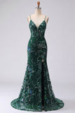 Sparkly Dark Green Mermaid Spaghetti Straps Sequins Long Prom Dress with Slit
