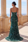Sparkly Dark Green Mermaid Spaghetti Straps Sequins Long Prom Dress with Slit