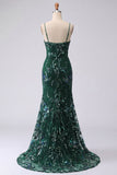 Sparkly Dark Green Mermaid Spaghetti Straps Sequins Long Prom Dress with Slit