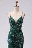 Sparkly Dark Green Mermaid Spaghetti Straps Sequins Long Prom Dress with Slit