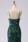 Sparkly Dark Green Mermaid Spaghetti Straps Sequins Long Prom Dress with Slit