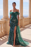 Sparkly Off the Shoulder Dark Green Mermaid Sequins Long Prom Dress with Slit
