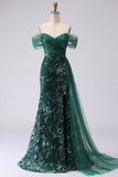 Sparkly Off the Shoulder Dark Green Mermaid Sequins Long Prom Dress with Slit