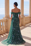 Sparkly Off the Shoulder Dark Green Mermaid Sequins Long Prom Dress with Slit