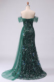 Sparkly Off the Shoulder Dark Green Mermaid Sequins Long Prom Dress with Slit