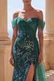 Sparkly Off the Shoulder Dark Green Mermaid Sequins Long Prom Dress with Slit