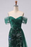 Sparkly Off the Shoulder Dark Green Mermaid Sequins Long Prom Dress with Slit