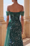Sparkly Off the Shoulder Dark Green Mermaid Sequins Long Prom Dress with Slit