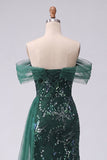 Sparkly Off the Shoulder Dark Green Mermaid Sequins Long Prom Dress with Slit