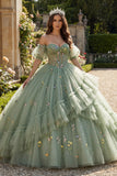 Dusty Sage Off The Shoulder Floral Corset Tulle Quinceanera Dress