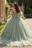 Dusty Sage Off The Shoulder Floral Corset Tulle Quinceanera Dress