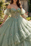 Dusty Sage Off The Shoulder Floral Corset Tulle Quinceanera Dress