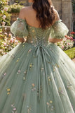 Dusty Sage Off The Shoulder Floral Corset Tulle Quinceanera Dress