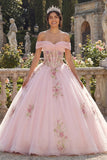 Off The Shoulder Corset Pink Ball Gown Floral Quinceanera Dress