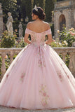 Off The Shoulder Corset Pink Ball Gown Floral Quinceanera Dress