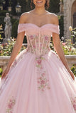 Off The Shoulder Corset Pink Ball Gown Floral Quinceanera Dress