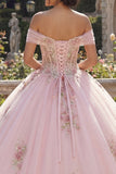 Off The Shoulder Corset Pink Ball Gown Floral Quinceanera Dress