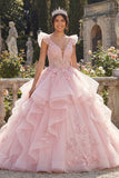 Pink Ruffled Ball Gown Appliqued Quinceanera Dress with 3D Flowers