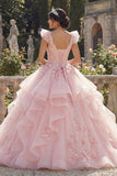 Pink Ruffled Ball Gown Appliqued Quinceanera Dress with 3D Flowers