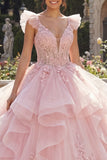 Pink Ruffled Ball Gown Appliqued Quinceanera Dress with 3D Flowers