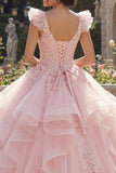 Pink Ruffled Ball Gown Appliqued Quinceanera Dress with 3D Flowers