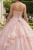 Strapless Ball Gown Beaded Ruffled Pink Quinceanera Dress