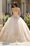 Champagne Appliqued V Neck Ball Gown Quinceanera Dress