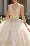 Champagne Appliqued V Neck Ball Gown Quinceanera Dress