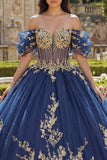 Off The Shoulder Navy Ball Gown Quinceanera Dress with Appliques