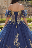 Off The Shoulder Navy Ball Gown Quinceanera Dress with Appliques