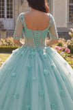 Light Green Ball Gown Half Sleeve Corset 3D Flower Quinceanera Dress
