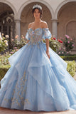 Off The Shoulder Floral Sky Blue Ball Gown Corset Quinceanera Dress