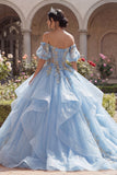 Off The Shoulder Floral Sky Blue Ball Gown Corset Quinceanera Dress