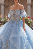 Off The Shoulder Floral Sky Blue Ball Gown Corset Quinceanera Dress