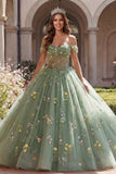 Off The Shoulder Green Corset Ball Gown Floral Quinceanera Dress